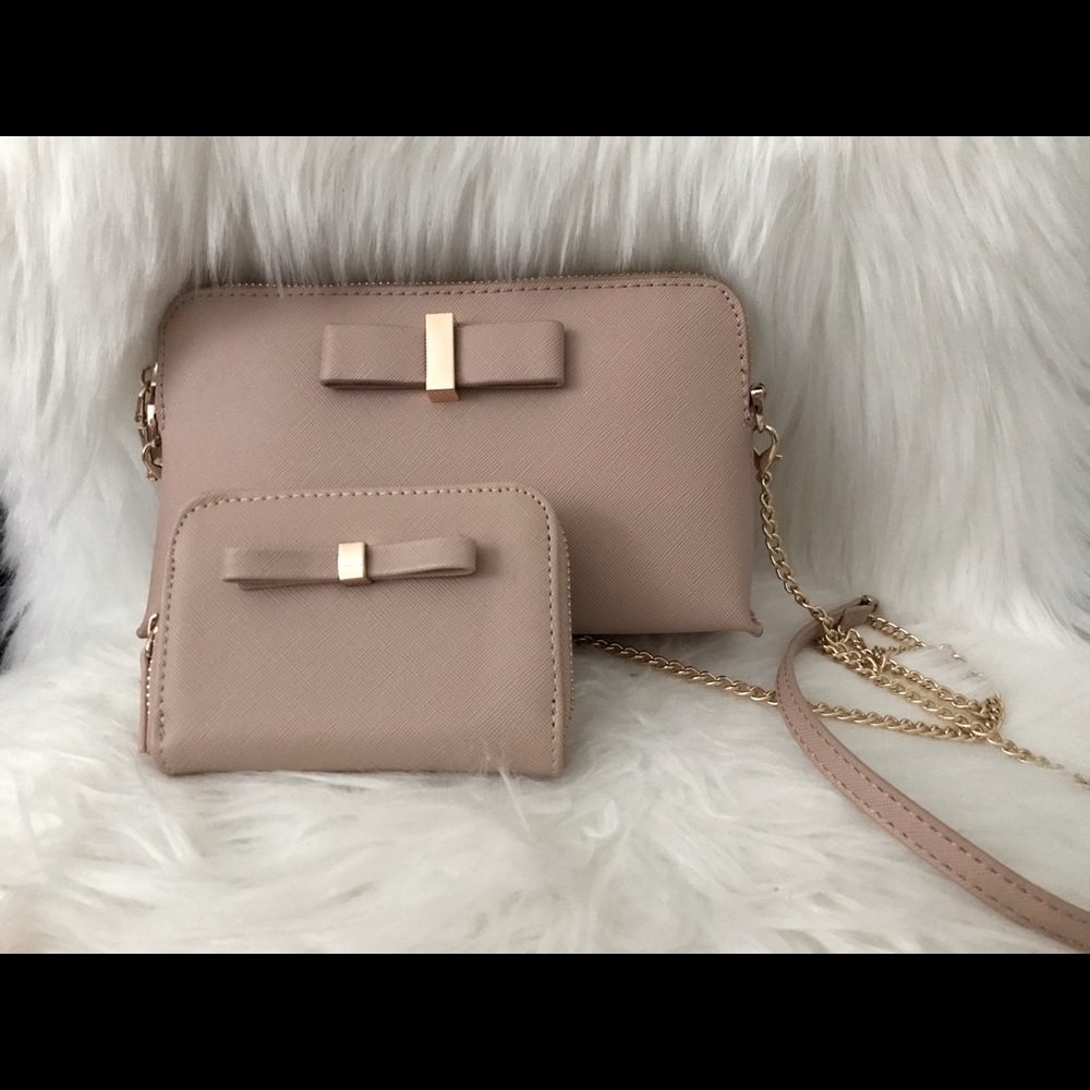 Vegan leather saffiano bow crossbody and wallet